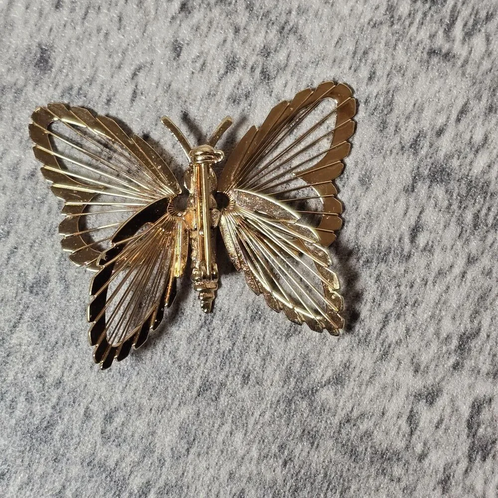Vintage Monet Butterfly Brooch Pin Gold Tone Open Work Layered Signed Estate